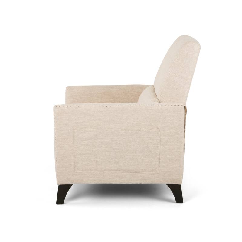 Modern Fabric Upholstered Push-Back Recliner with Footrest, Nailhead Accents, Birch Wood Legs