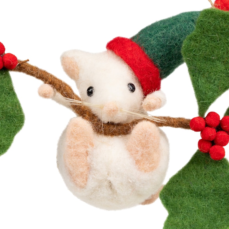 Holly and Berry Mouse Christmas Hanging Decoration - 9" - Green and Ivory