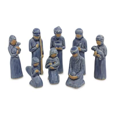 Handmade Thai Holy Birth in Blue Celadon ceramic nativity scene (Thailand) - 24 x 21 x 14