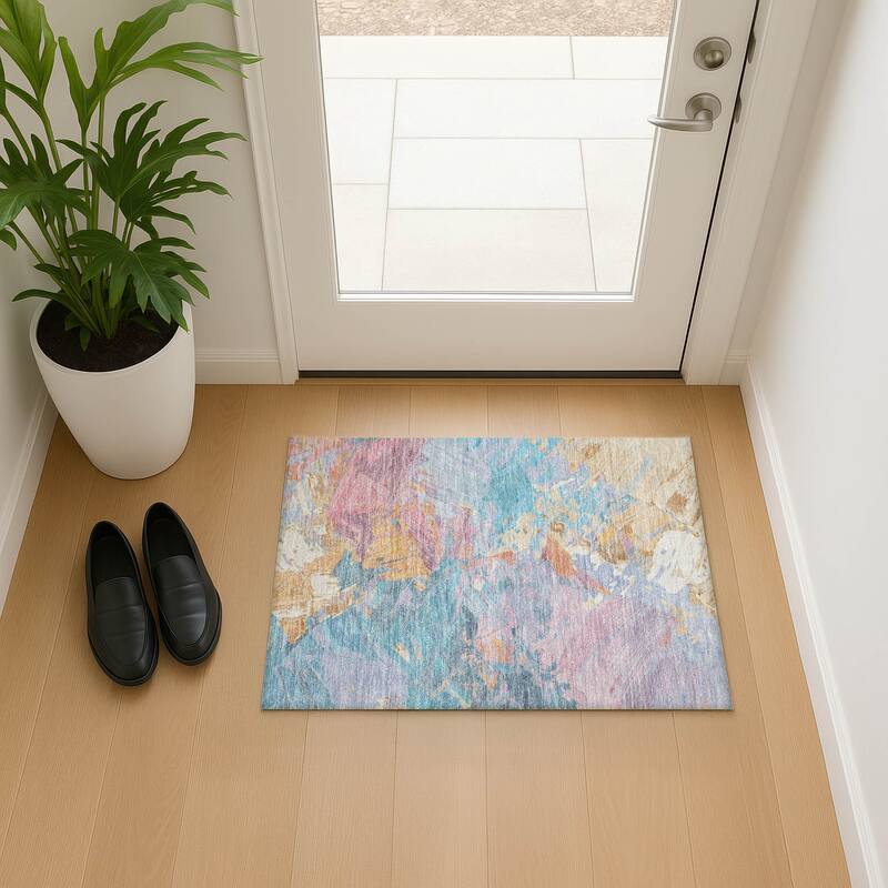 Premium Washable Super Soft Modern Brushstrokes Mayfield Rug - Teal - 1'8" x 2'6"