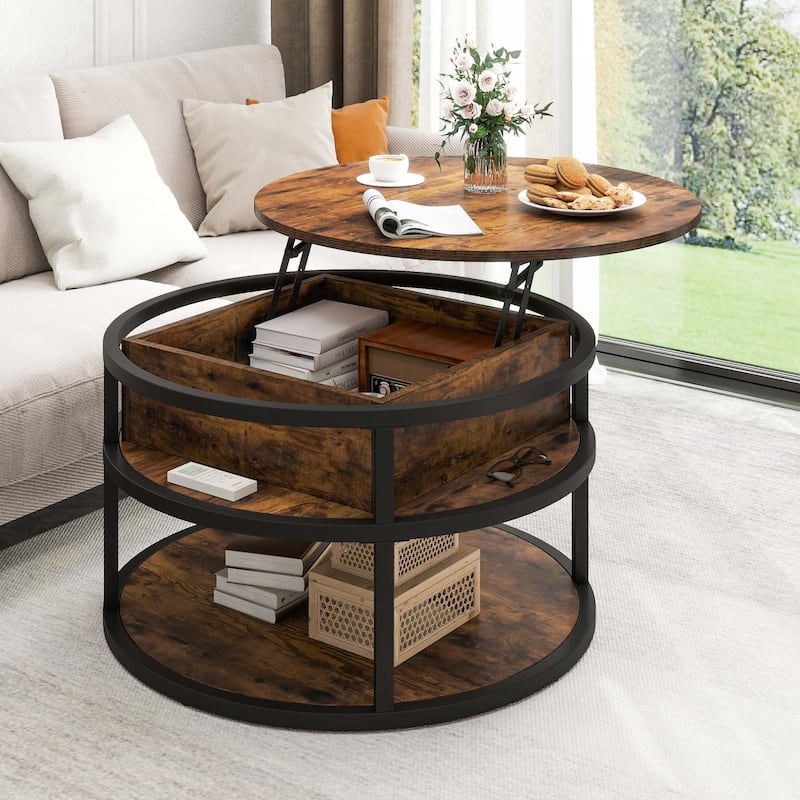 Moasis Farmhouse Lift Top Round Coffee Table with Hidden Storage and Base Shelf for Living Room - Rustic Brown