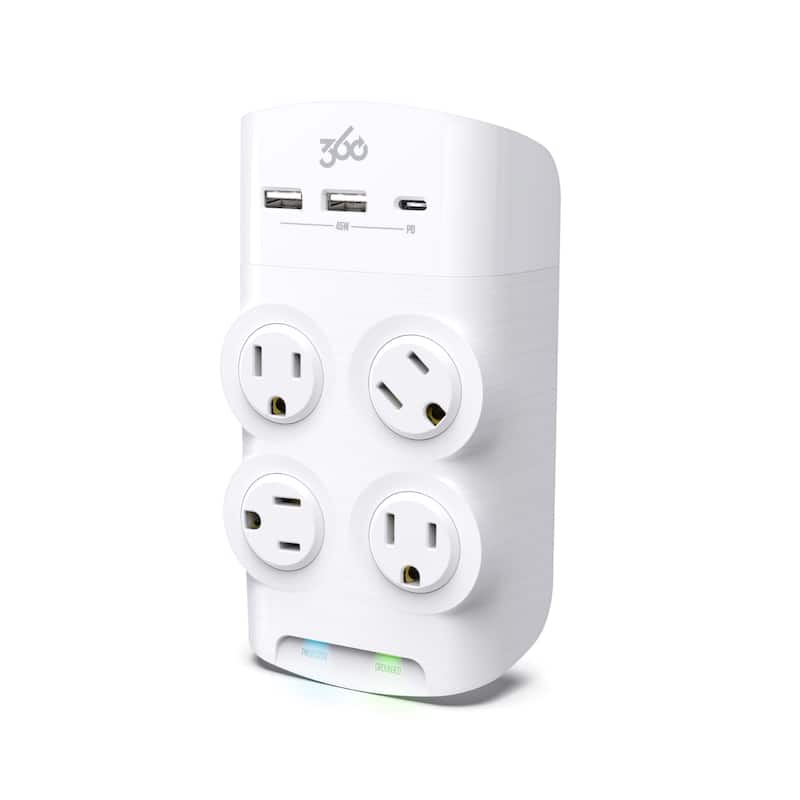 Revolve 45W 4-Outlet Rotating Surge Tap w/ 2 USB-A ports and 1 USB-C port - White - 45 Watts
