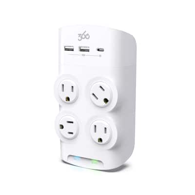 Revolve 45W 4-Outlet Rotating Surge Tap w/ 2 USB-A ports and 1 USB-C port - White - 45 Watts