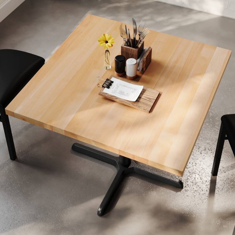 Square Solid Wood Commercial Tabletop with 30" x 30" Dining Height X-Base - 36"W x 36"D x 29.5"H