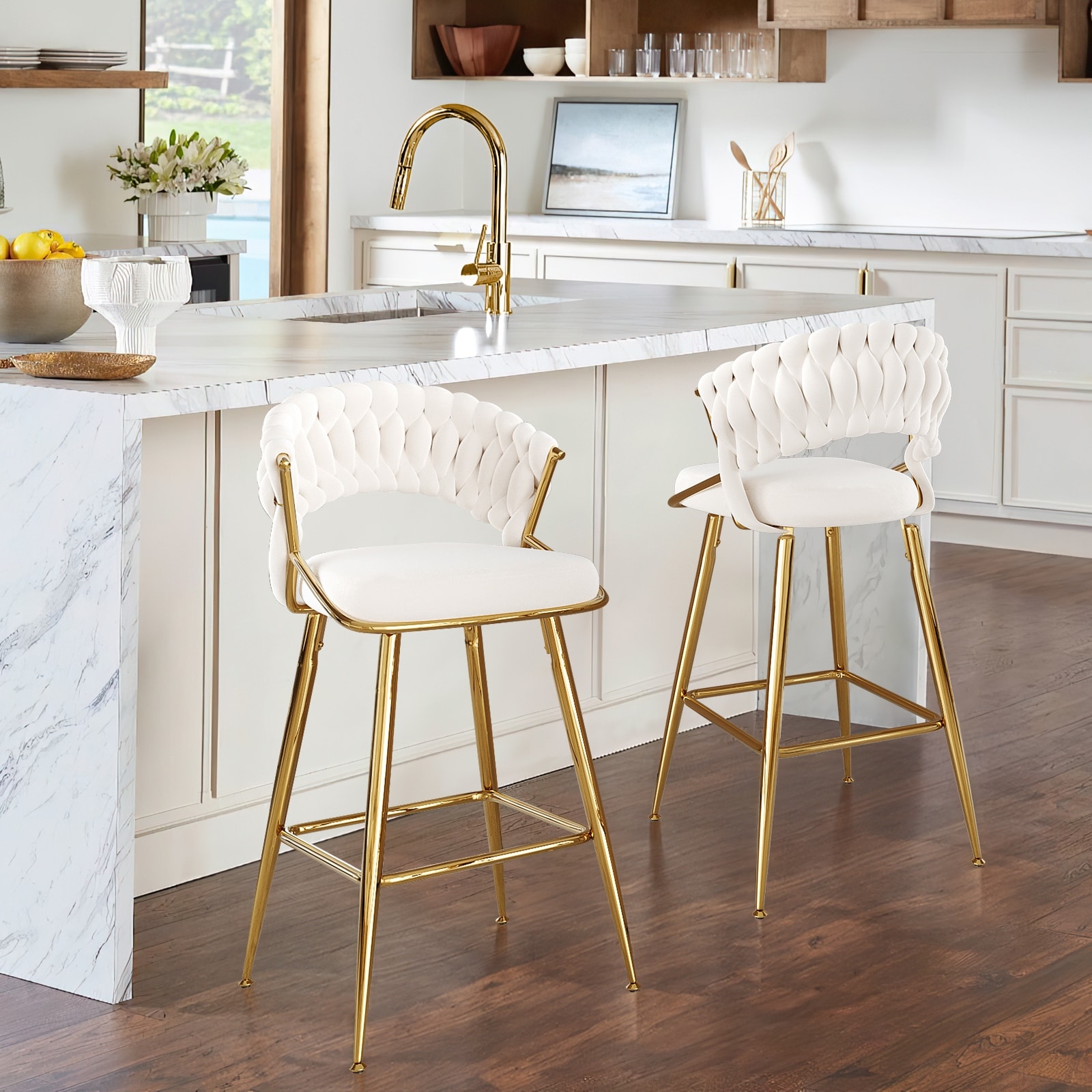 25.2" Modern Velvet Counter Stool with Gold Accents, Ergonomic Design & Plush Seat for Kitchen Island & Bar