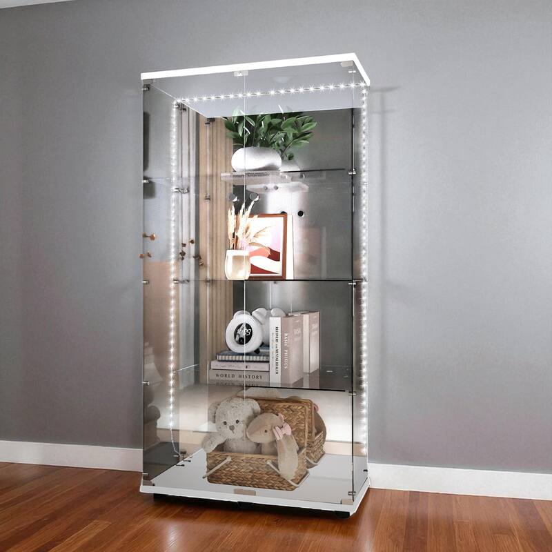 65" Tempered Glass Display Cabinet with Mirror Back, Bluetooth LED Lights, Lockable Doors, Liquor & Storage Cabinet