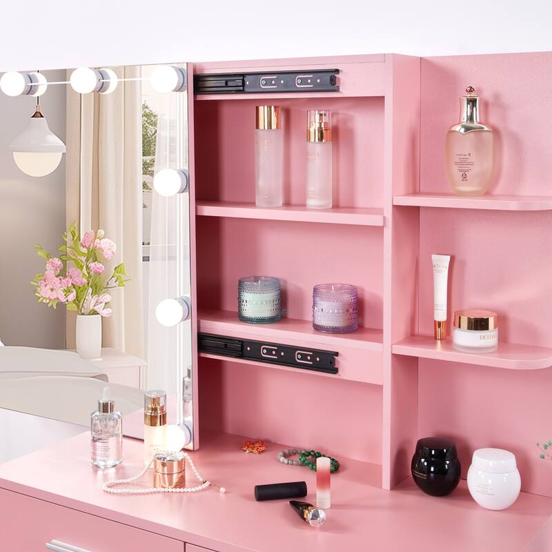 Pink Dressing Table Set with Sliding Mirror Cabinet 5 Drawers and Shelves Lighted Mirror