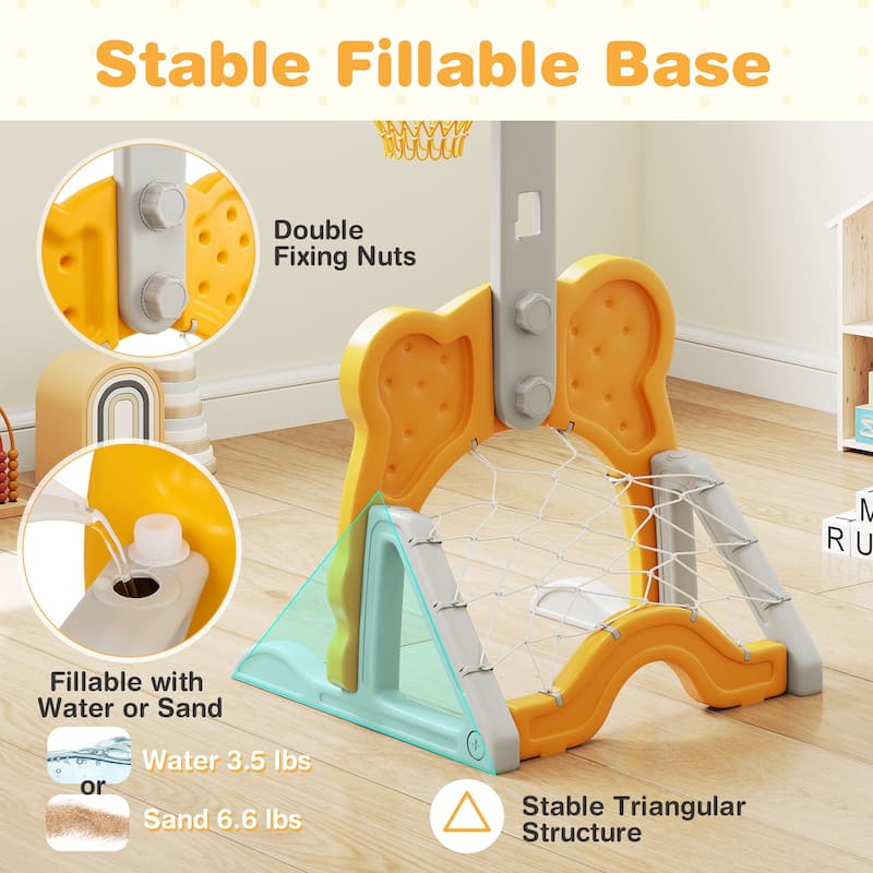 Yellow HDPE Kids Basketball Hoop with Adjustable Rim, Soccer and Golf Set - 21.5" L x 20.5" W x 44.5"-59" H