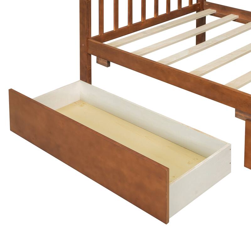 Twin Size Wooden House Bed with Drawers, Walnut Finish
