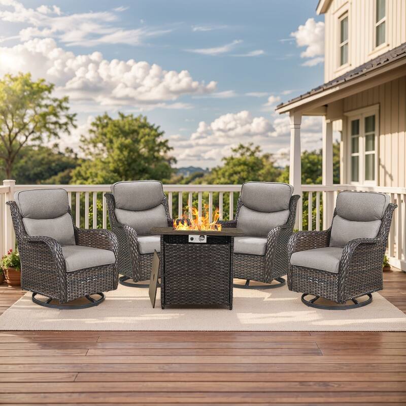 Outdoor Gliders Chairs with Fire Pit Table with 5-Inch Thick Cushions - Brown Rattan - Grey Cushion - 5PCS Swivel Chairs with Square Fire Table