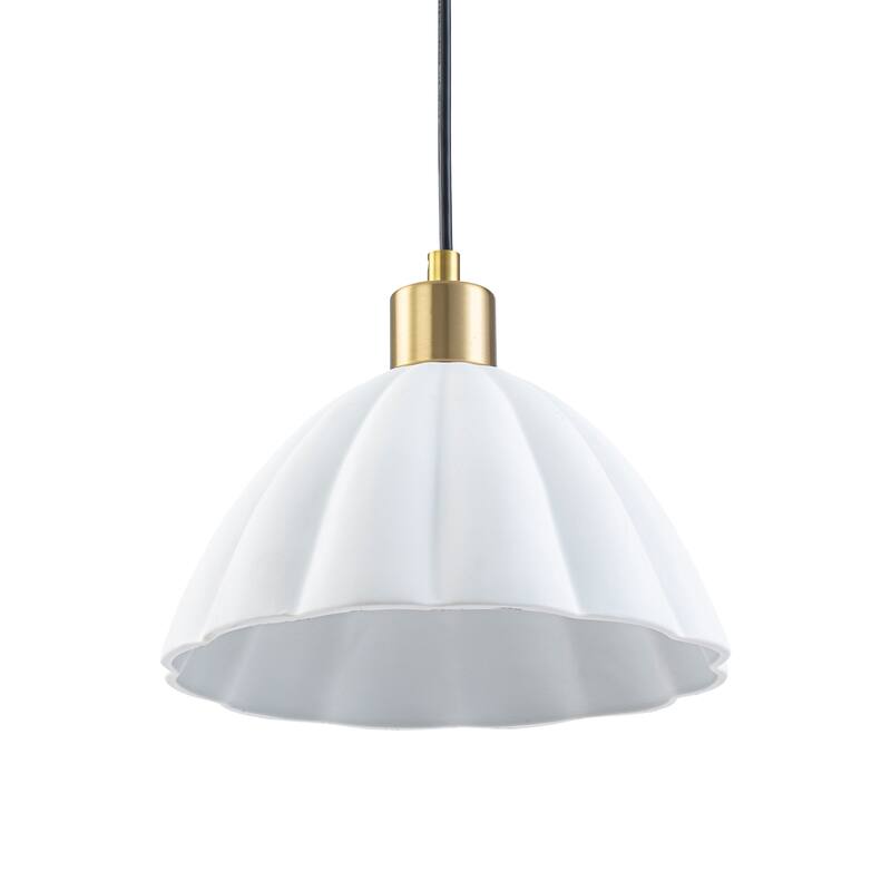 1-Light Pendant Light with Fluted White Ceramic Dome & Brass Accents - Dia.9.65-in