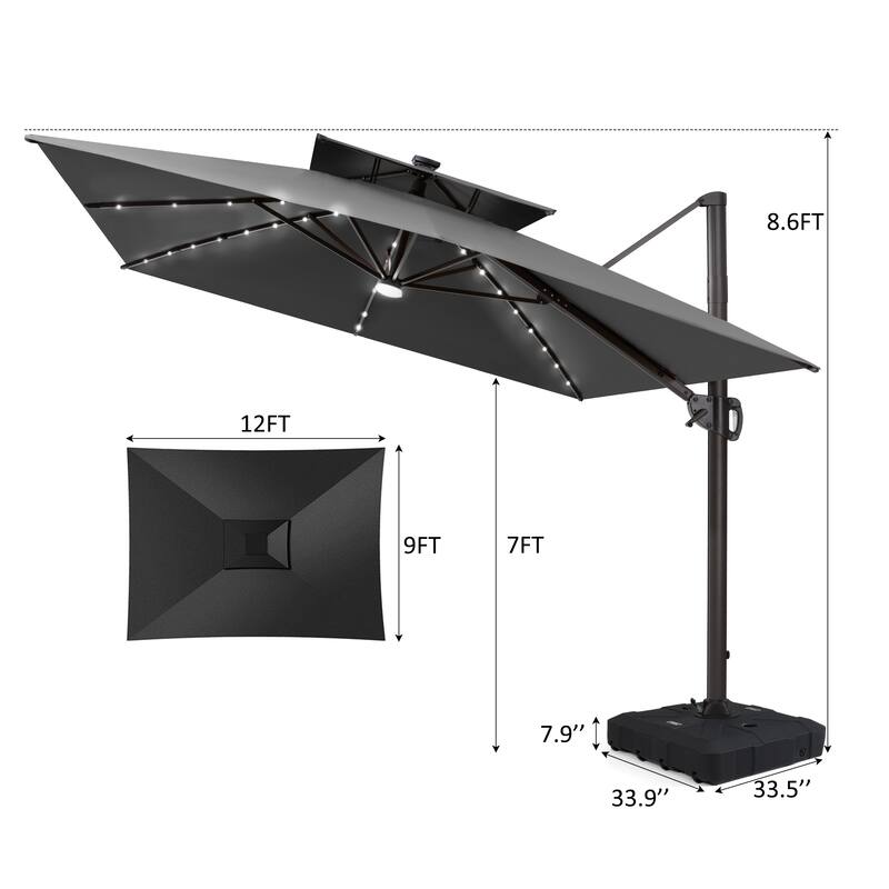 12 x 9 FT Outdoor Patio Aluminum Cantilever Umbrella with Solar Lights Double Canopy with Wheel Base