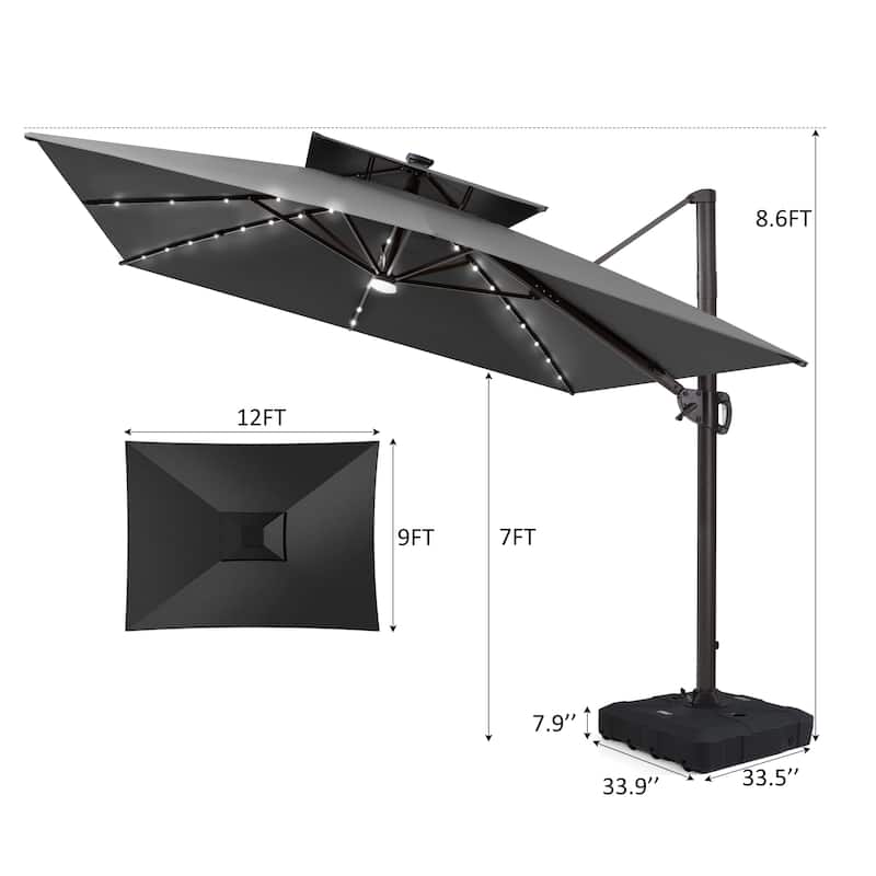 12 x 9 FT Outdoor Patio Cantilever Umbrella with Solar Lights Double Canopy 360 Rotation Tilt with Wheel Base