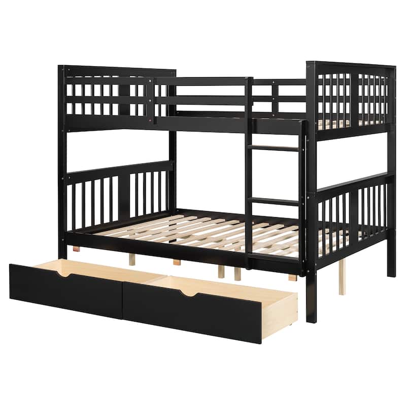 Full Over Full Bunk Bed with Drawers and Ladder, Space-Saving Bedroom Furniture in Espresso