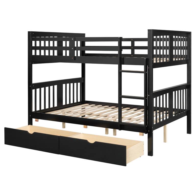 Roomfitters Full Over Full Bunk Bed with Drawers and Ladder, Solid Wood Frame for Bedroom or Guest Room