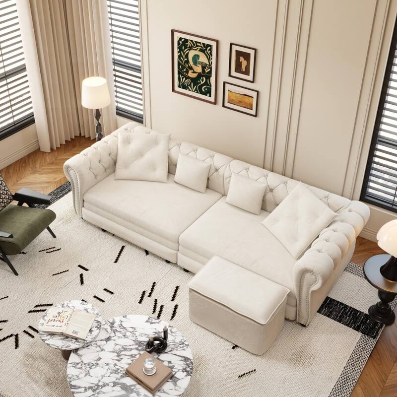3-in-1 Pull-Out Convertible Sleeper Sofa Bed with Movable Ottoman - Beige