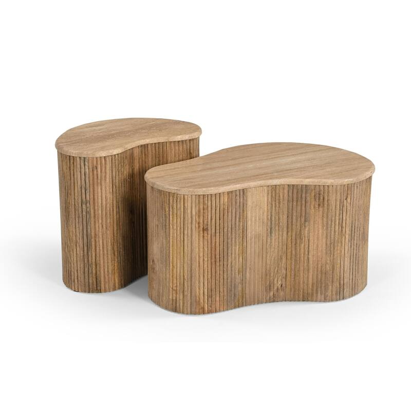 Modern Matador Modern Travertine Marble & Wood Freeform Coffee Table Set