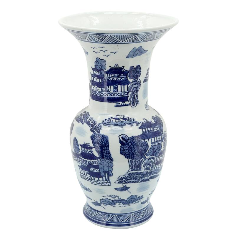 Sagebrook Home Ceramic Vase Contemporary Blue and White Chinoiserie Temple Design Floral Vase