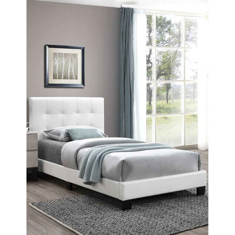 Modern White Faux Leather Twin Bed with Middle Support Legs & Rectangle Headboard! - White