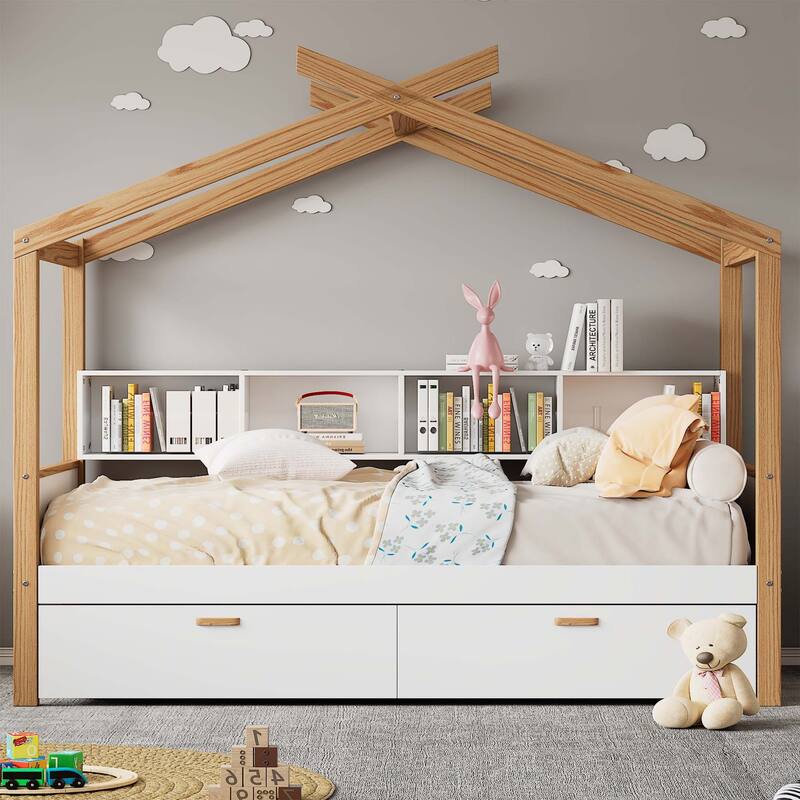 White Full Size Wooden House Bed with Two Drawers and Bookshelf