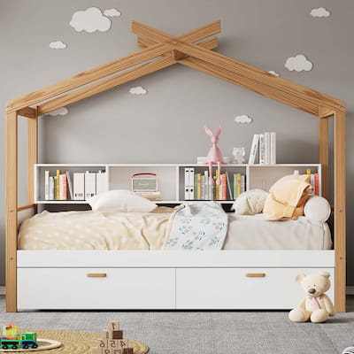 White Full Size Wooden House Bed with Two Drawers and Bookshelf