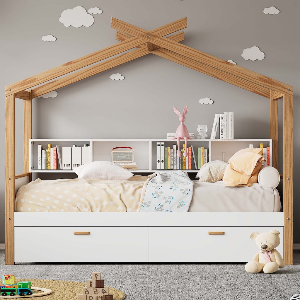 White Full Size Wooden House Bed with Two Drawers and Bookshelf
