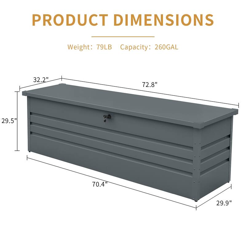 Outdoor Patio Box Camping Storage Box 260 Gallon Metal Outdoor Deck Box with Lockable and Hydraulic Hinge for Pool Patio Garden