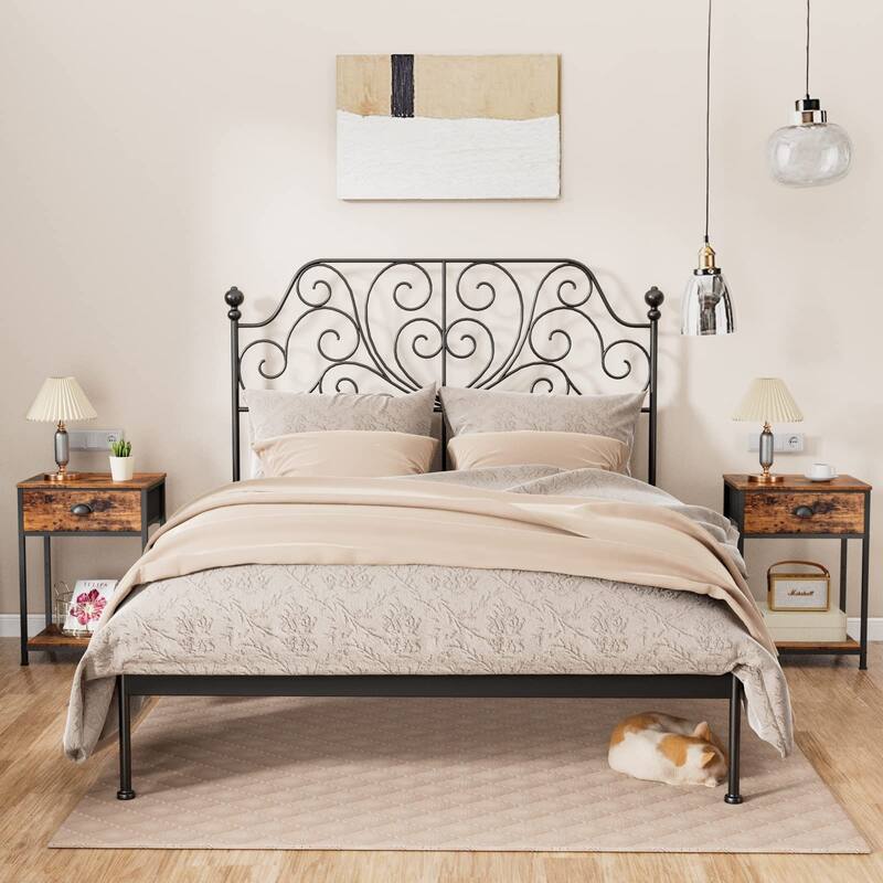 Nightstands Set of 2, Industrial End Table with Fabric Drawer&Storage Shelf, Small Bedside Table Organizer for Small Space