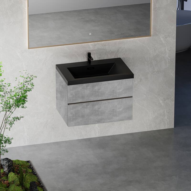 Modern Wall-Mounted Bathroom Vanity in Gray with Black Quartz Sand Top