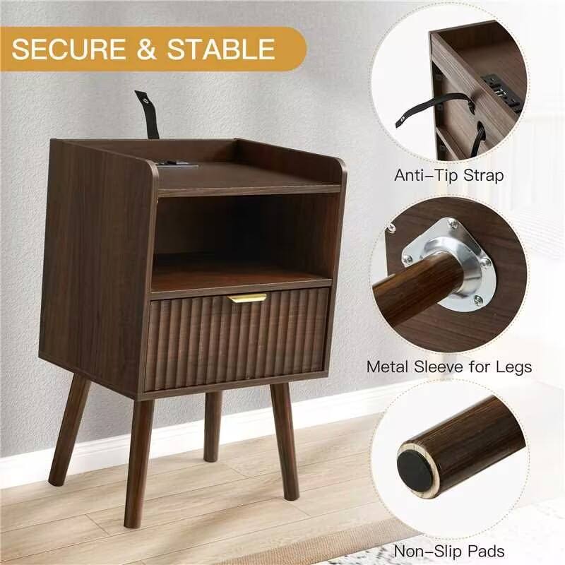 Modern Fluted Nightstand Set of 2 with USB Charging Station, Drawer and Open Storage Shelf