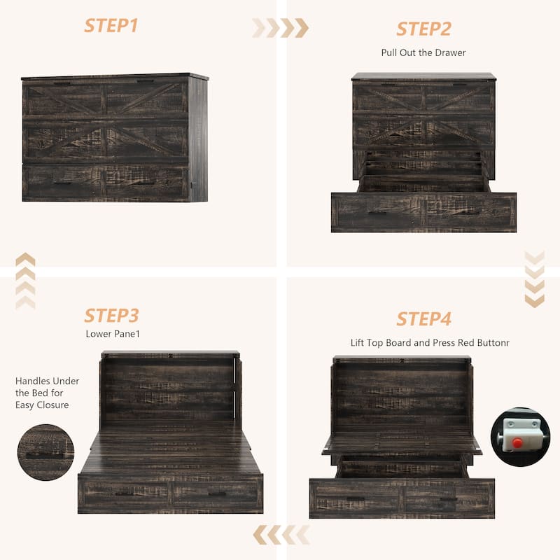 Queen Murphy Bed with Charging Station, Farmhouse Murphy Cabinet Bed with Large Storage Drawer, Hideaway Foldable Platform Bed