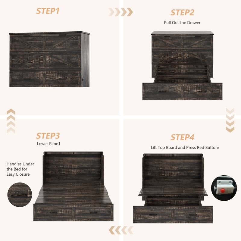 Queen Murphy Bed with Charging Station,Farmhouse Murphy Cabinet Bed with Large Storage Drawer,Hideaway Foldable Platform Bed