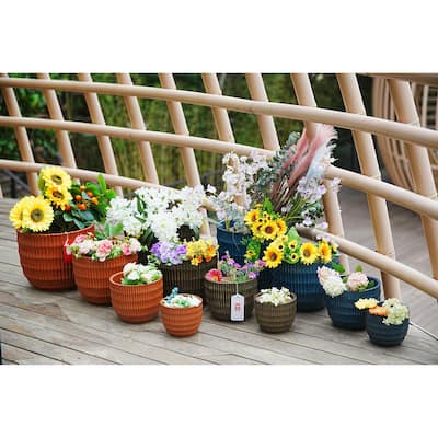 Coral Ceramic Flowerpot 4pc Set, Sleek Striped Design, Drainage Hole, Frost Heat Weather Resistant, for Patio Garden Windowsill