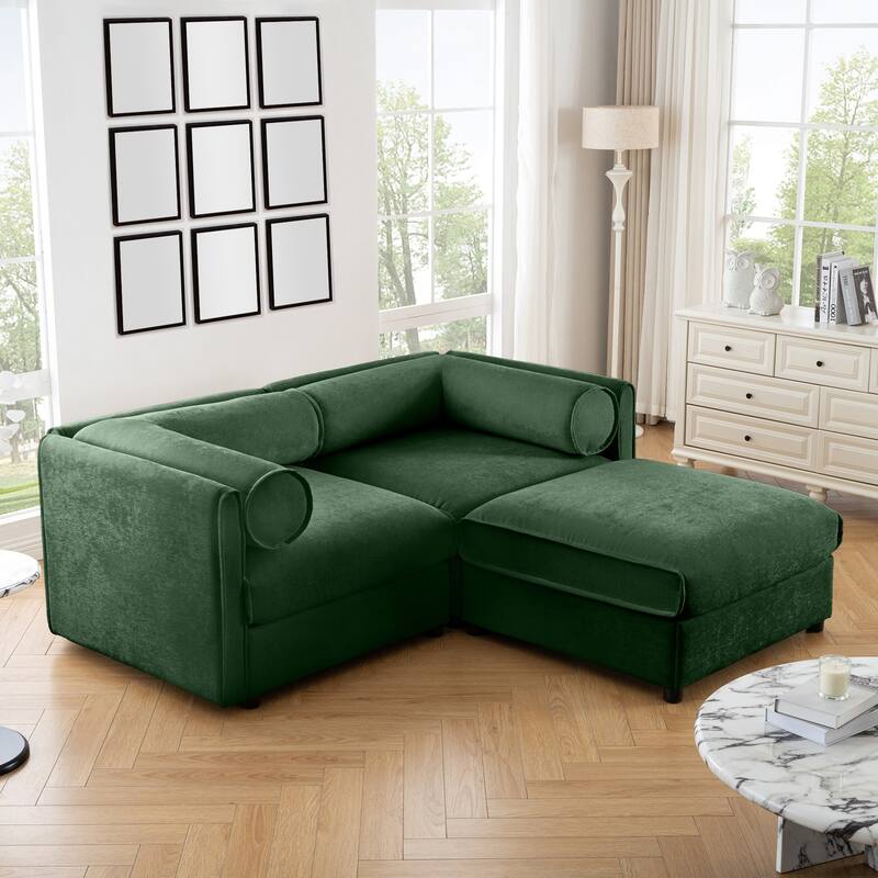75.5" Chenille 2-Seater Sofa with Ottoman Storage & Cylindrical Backrest
