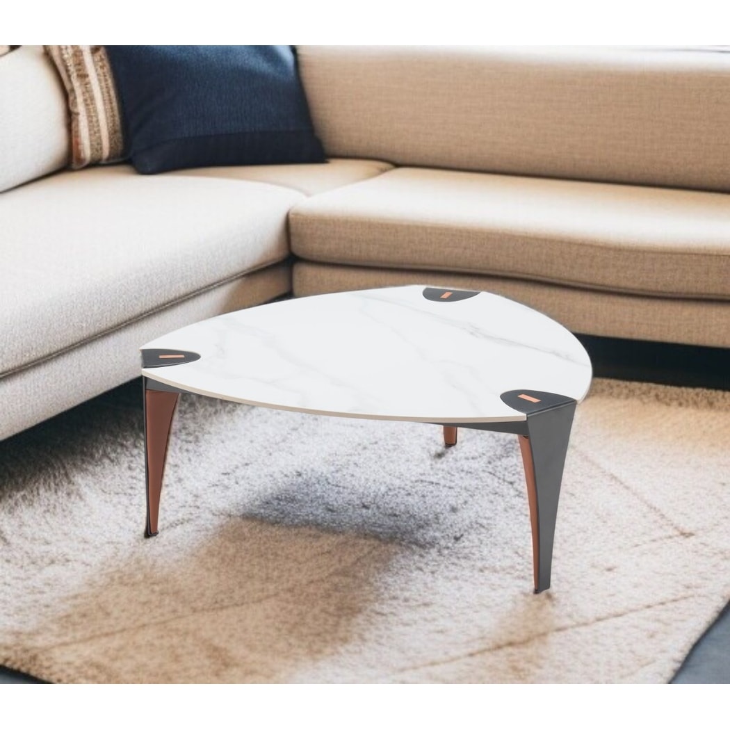 HomeRoots 36" White and Black Sintered Stone Faux Leather And Steel Triangle Coffee Table - 36.00 in. x 15.20 in. x 36.00 in.