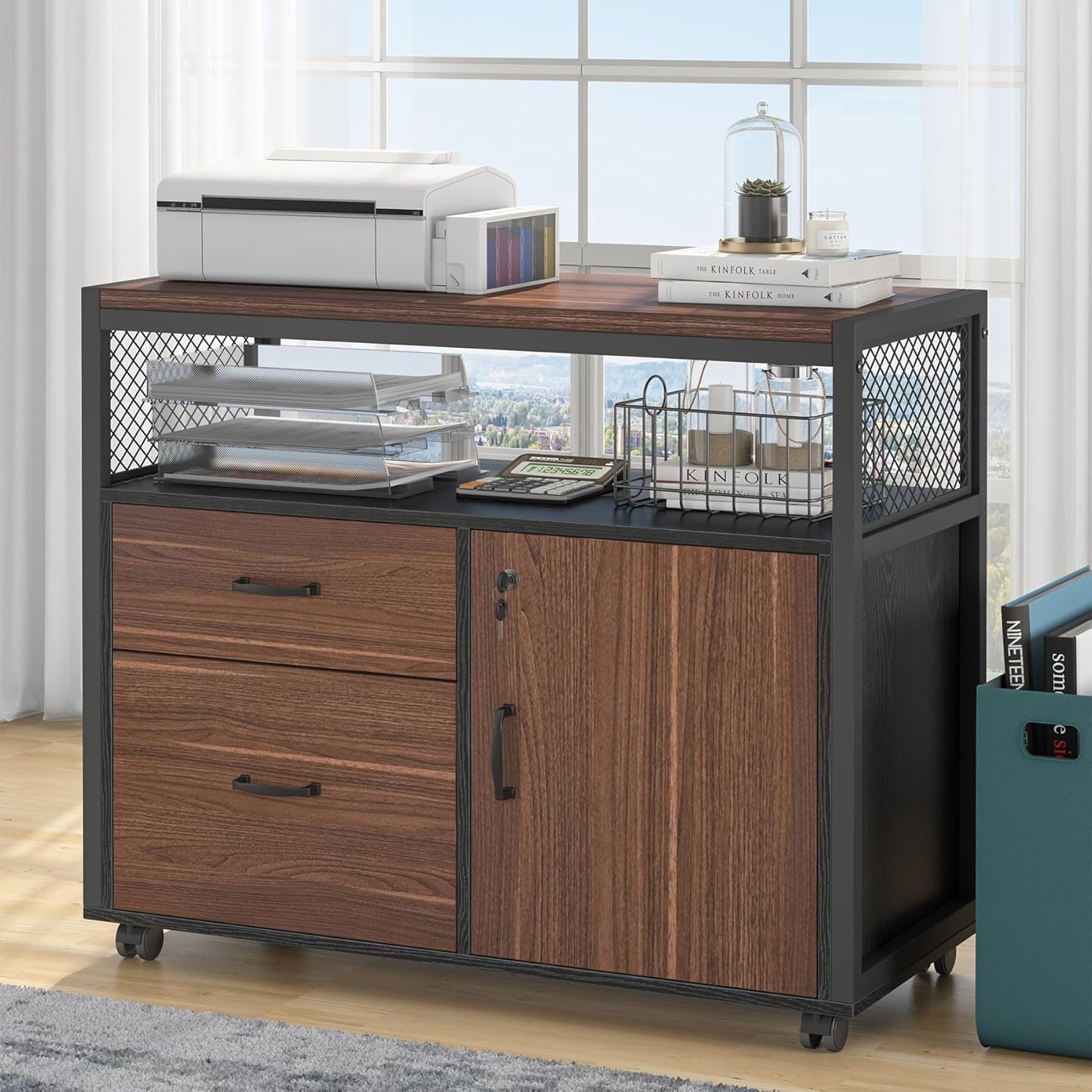 Rolling File Cabinet Printer Stand, Modern Lateral Filing Cabinet with 2 Drawers, Lockable Door & Storage Shelves for Office