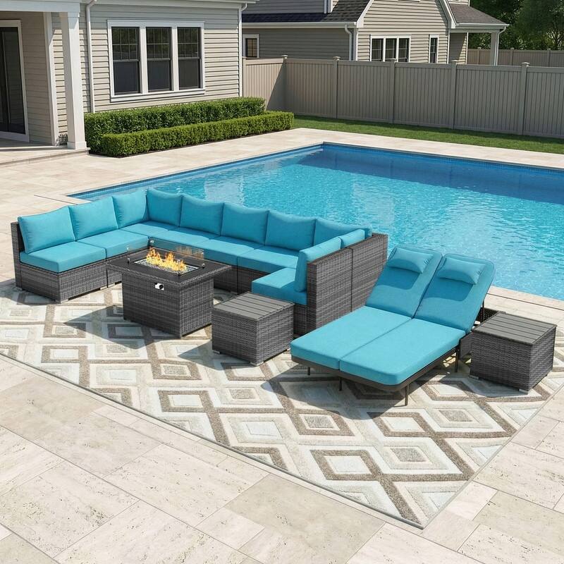 Outdoor Sectional Conversation Set PE Wicker with Double Chaise Lounge, 60,000 BTU Fire Pit Table - 12-Piece/Table-A - Teal