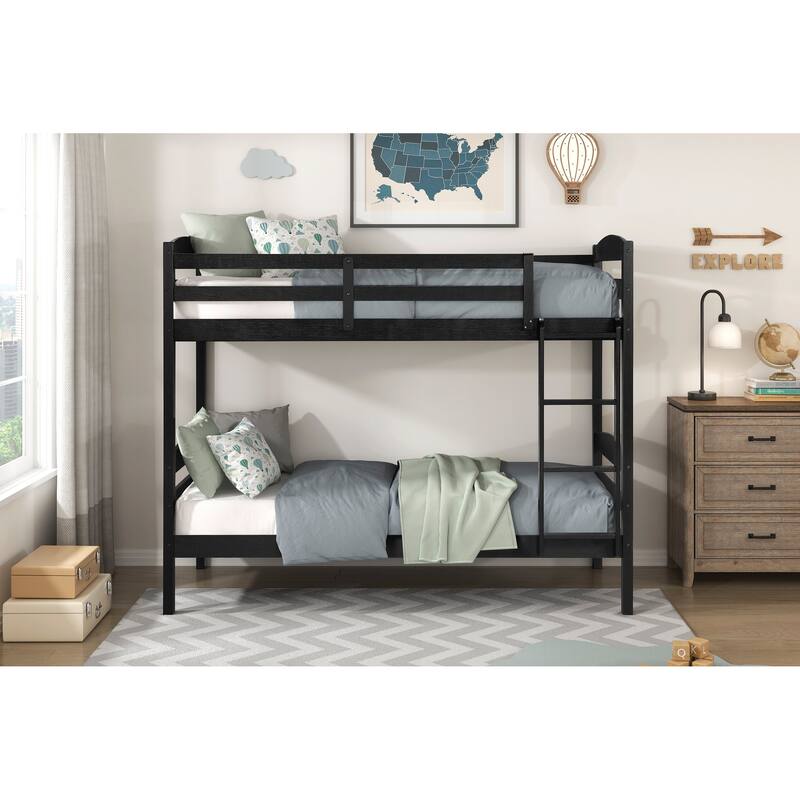 Twin Over Twin Bunk Bed with Guard Rails, Sturdy Wooden Black Finish, Youth Bedroom Furniture