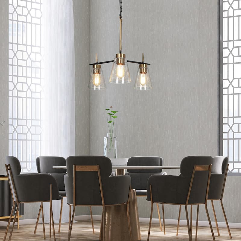 Aditi Mid-century Modern Round Black Gold Bedroom Chandelier for Dining Room with Seeded Glass - Plating Brass - D 17"* H 18.5"