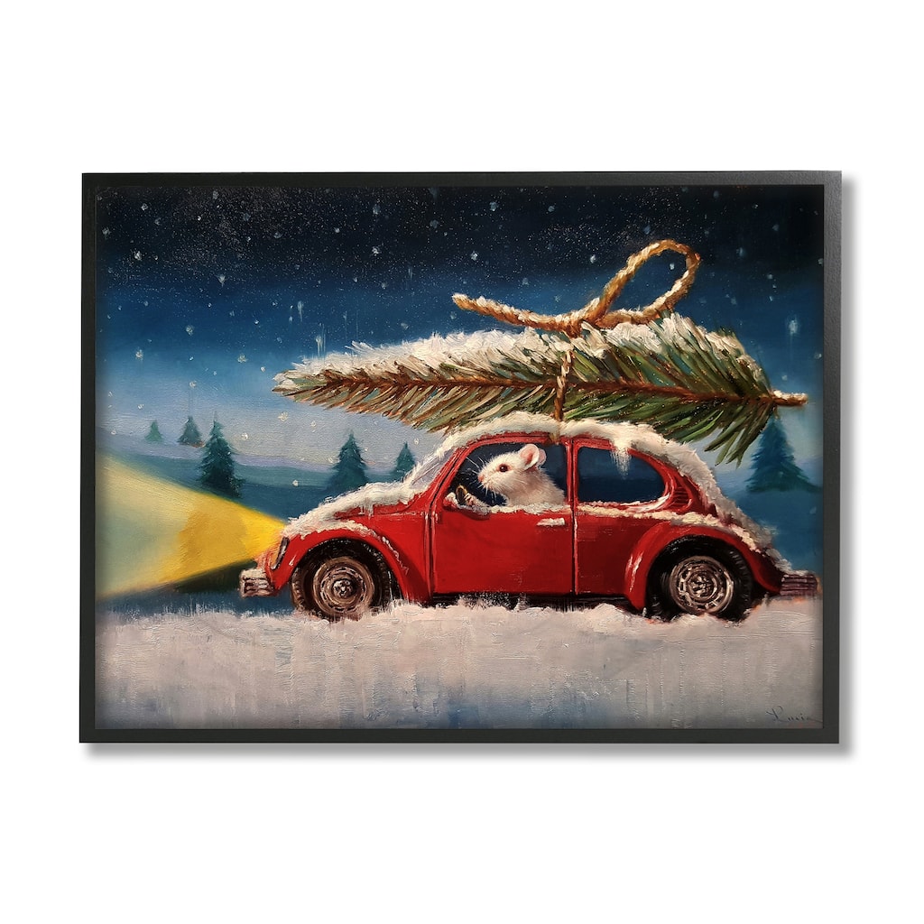 Stupell Mouse Driving Through Snow Winter Holiday Tree Framed Giclee Texturized Art by Lucia Heffernan