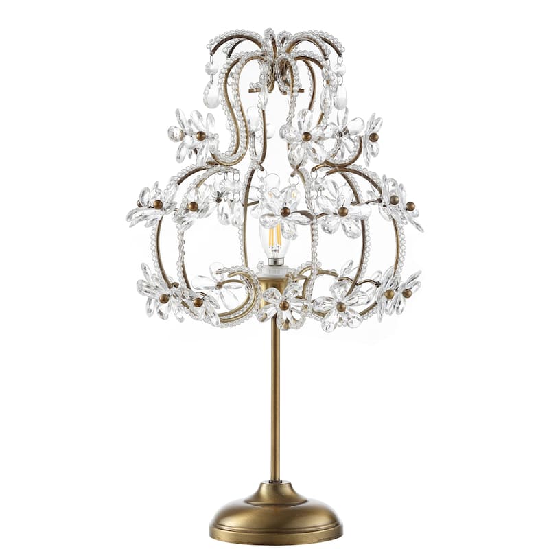 Stork 20.5" Crystal Flower Beaded Girandole Metal/Acrylic LED Table Lamp, Brass Gold/Clear by JONATHAN Y
