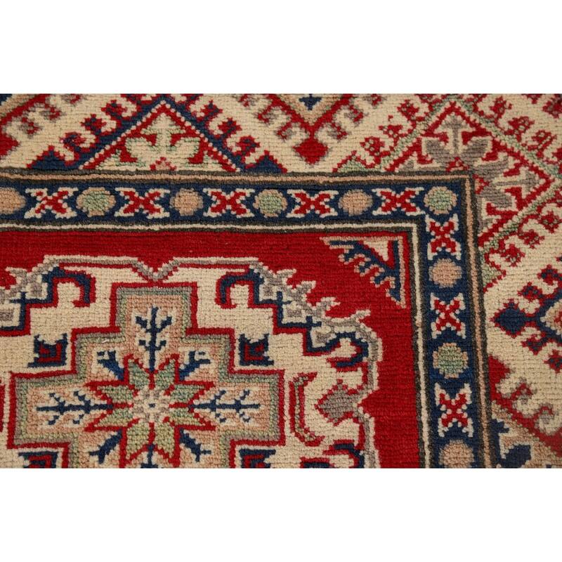 Red Geometric Kazak Oriental Runner Rug Hand-Knotted Wool Carpet - 2'8" x 9'4"