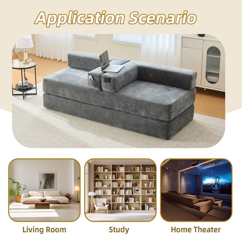 6-in-1 Folding Memory Foam Sleeper Sofa Bed Chenille Floor Chaise Lounge Couch with Side Pocket, Removable & Washable Cover