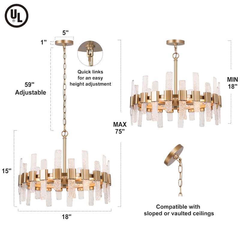 Pennia Mid-century Modern Drum Chandelier with Crystal Glass Metal Wagon Wheel Dining Room Light - Antique Gold - D18" x H15"