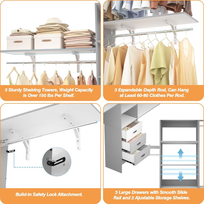 Rackcog 120'' Adjustable Closet Organizer with Drawers, Closet System with DIY Shelves for Reach-in and Walk-in Closet