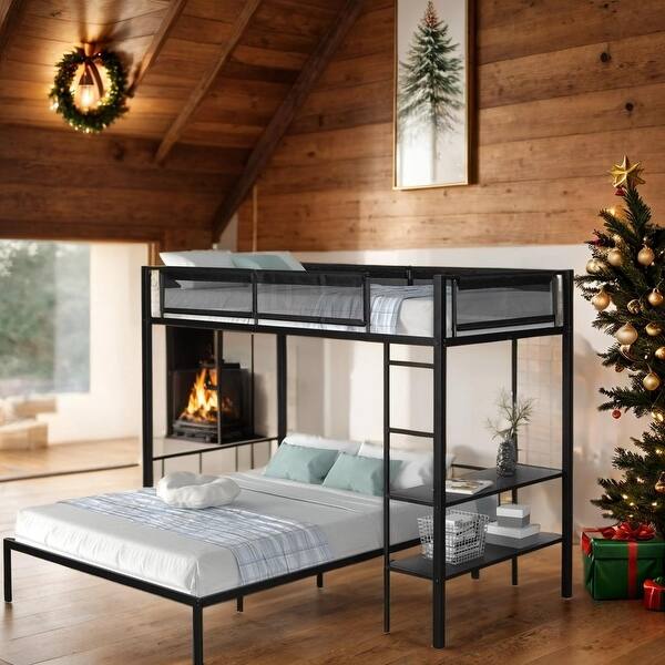 slide 2 of 18, Metal Twin over Full Bunk with Shelves & Grid Panel/ Sturdy Metal Bed Frame/ Noise-free Wood Slats/Textilene Guardrail/ Black