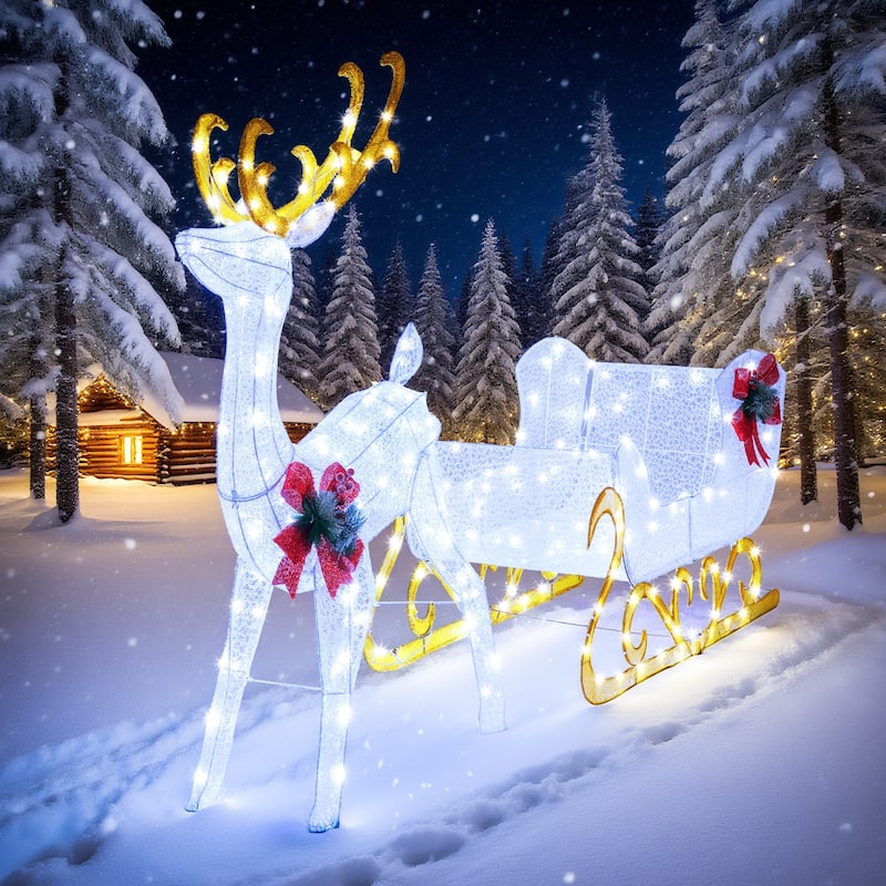 Lighted Reindeer and Sleigh Christmas Yard Decoration with 215 LED Lights for Outdoor Display