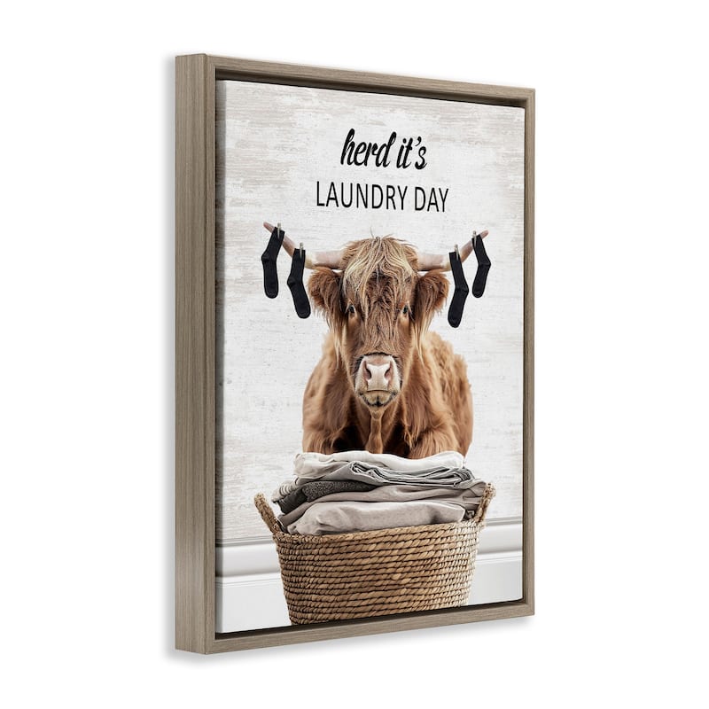 Stupell Laundry Cattle with Hanging Socks Framed Floater Canvas Wall Art Design By Lettered and Lined