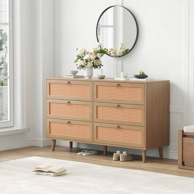 Rattan 6 Drawer Double Dresser for Bedroom, Chest of Dressers, Modern Dresser Drawer Chest