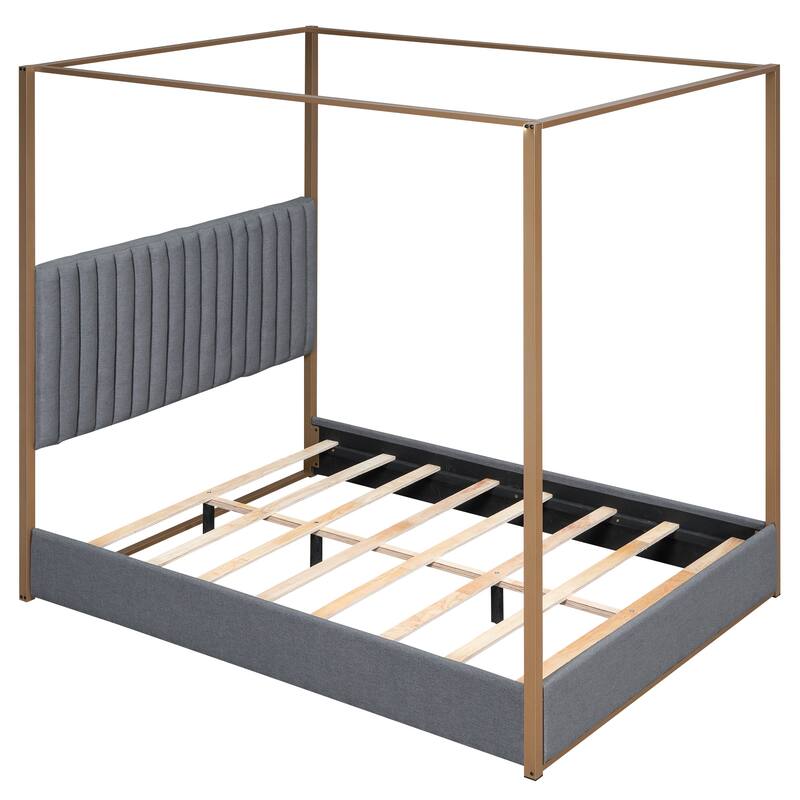Queen Upholstered Canopy Bed with Headboard, Metal Frame, and Linen Upholstery, 4-Poster Modern Design, Easy Assembly